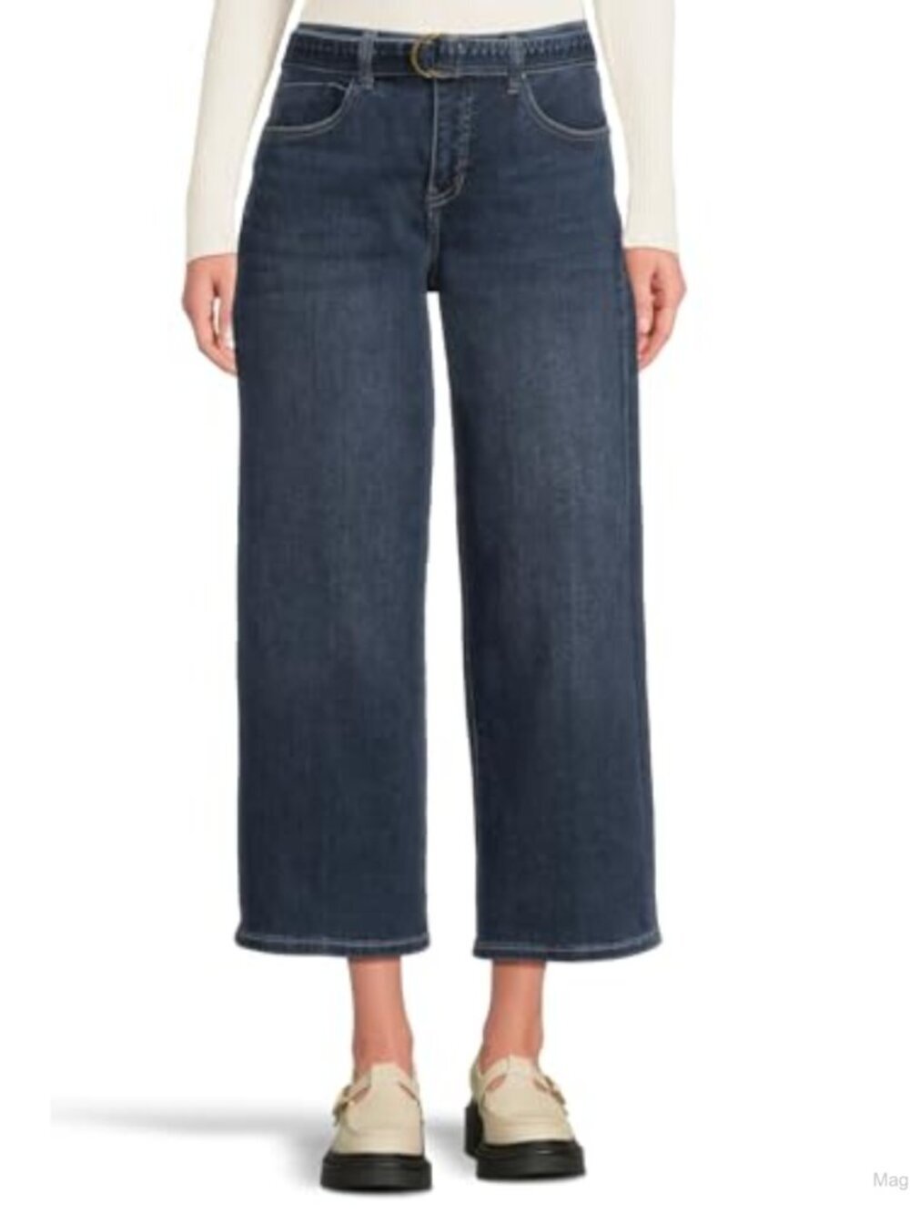 Mid-Rise Belted Crop Wide Leg Jeans Stretch Denim